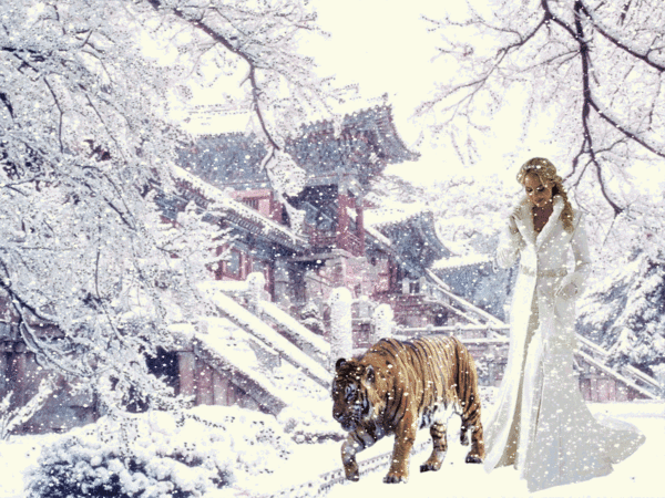 Анимированная открытка Девушка с тигрицей в зимнем саду Японии