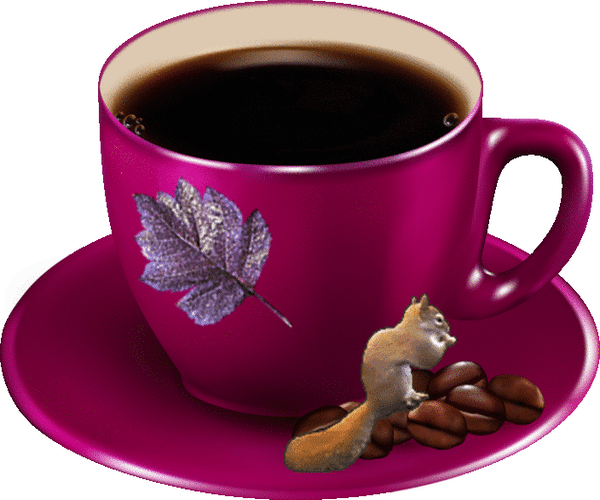 Анимированная открытка Чашка на блюдце, листик, белочка с кофе