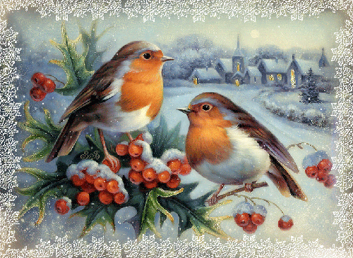 Анимированная открытка Изображены птицы, сидящие на ветке рябины зимой.