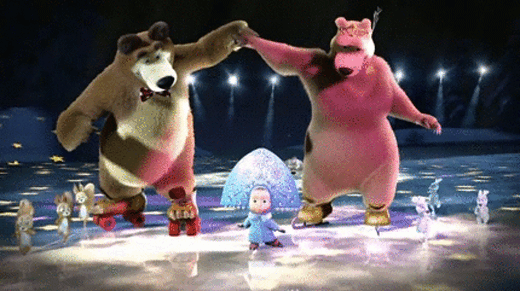 Анимированная открытка Маша и два медведя на льду с белками