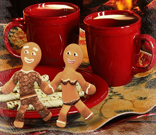 Анимированная открытка Две красные чашки с чаем, блюдце с трубочками и две танцующие печеньки