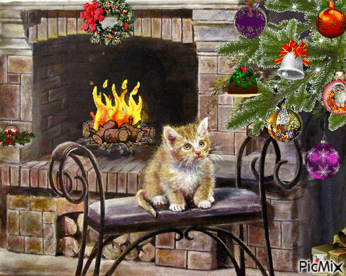 Анимированная открытка Кот на банкетке у камина возле наряженной елки