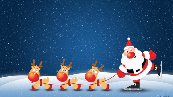 Открытка Дед мороз на коньках с тремя оленями