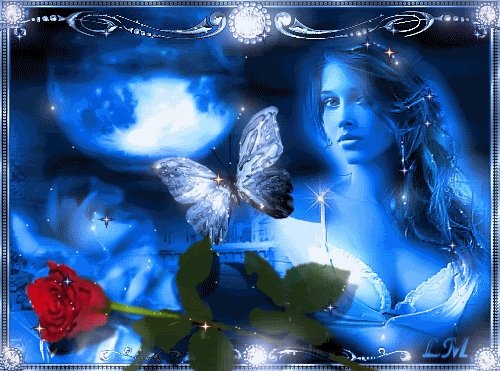 Анимированная открытка Девушка, цветок и бабочка