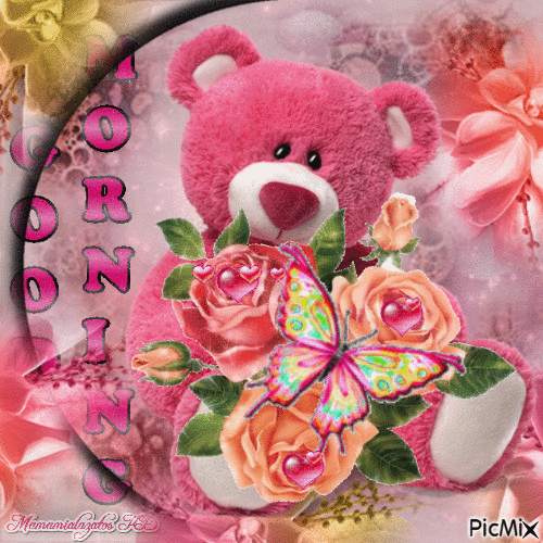 Анимированная открытка Розовый медвежонок с розами