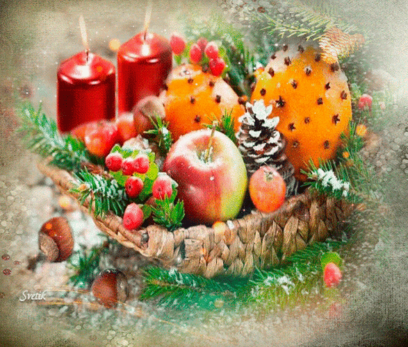 Анимированная открытка С Рождеством! фрукты