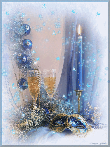 Анимированная открытка Зимняя картина. Два бокала шампанского. Свеча.
