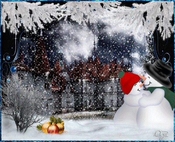 Анимированная открытка 2 снеговика, идёт снег, ёлочные игрушки