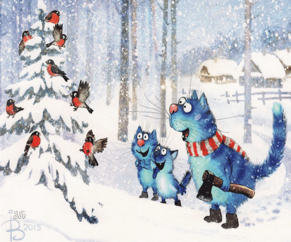 Анимированная открытка Изображены три кота и снегири на елке зимой