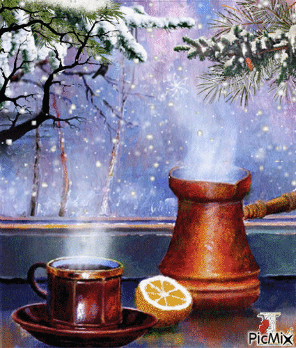 Анимированная открытка Зимний пейзаж чашка кофе