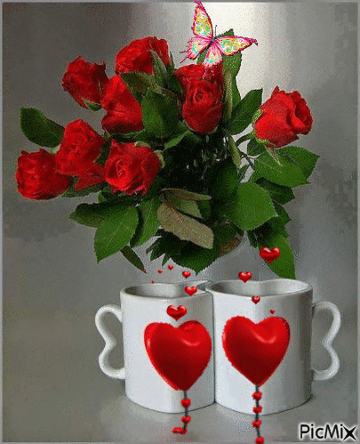 Анимированная открытка Две чашки и букет роз