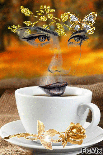 Анимированная открытка Лицо, чашка с блюдцем, золотая роза