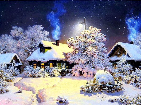 Анимированная открытка Зима, вечер, заснеженные деревенские дома.
