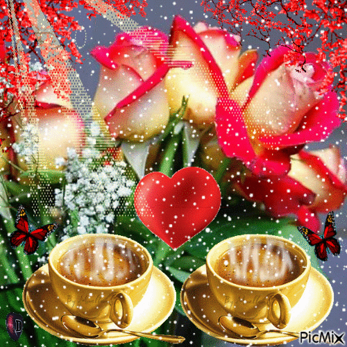 Анимированная открытка Букет роз чашки кофе сердечко бабочка