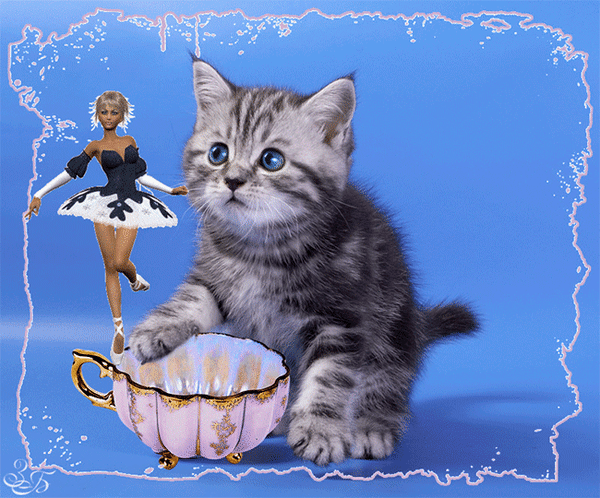 Анимированная открытка Котенок, чашка, балерина