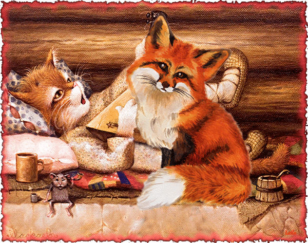 Анимированная открытка Кот и лиса нечистая сила