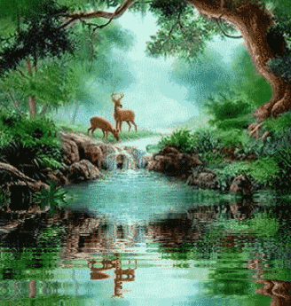 Анимированная открытка Олени природа анимации
