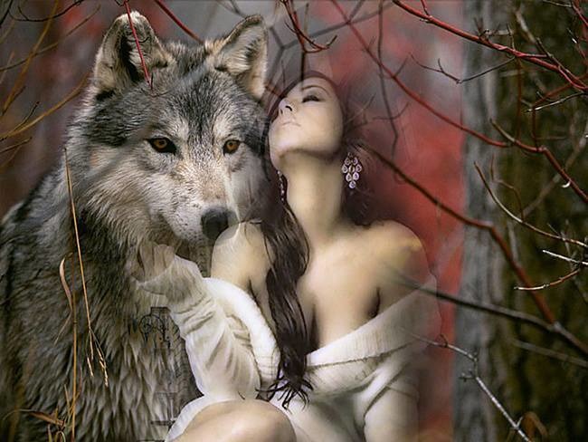 Открытка Волк и девушка женщина волчица