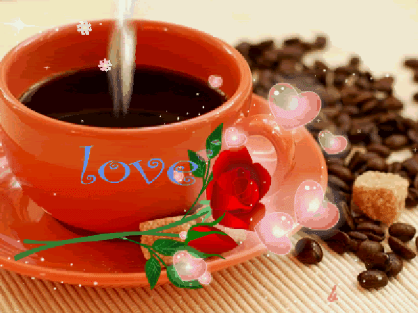 Анимированная открытка Love доброе утро цветы и кофе