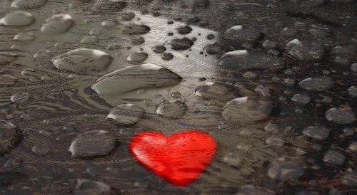 Анимированная открытка Камень, красного цвета, в форме сердца лежит в воде.