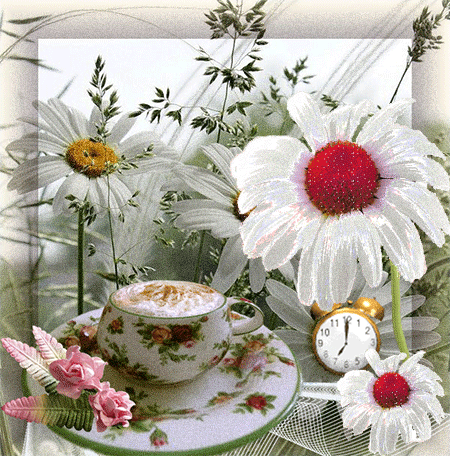 Анимированная открытка Текст на изображении отсутствует, на картинке изображено: чашка кофе, часы, цветы.