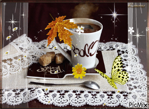 Анимированная открытка Горячий кофе с конфетками