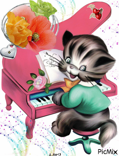Анимированная открытка Кот играет на пианино