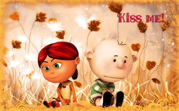 Анимированная открытка Kiss me гиф поцелуй в щечку