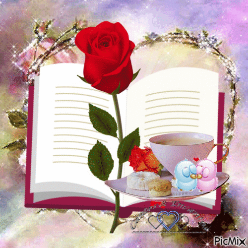Анимированная открытка Открытая книга, роза, чашка чая
