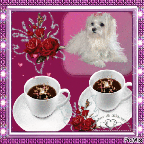 Анимированная открытка Две чашки кофе, собака, букет роз