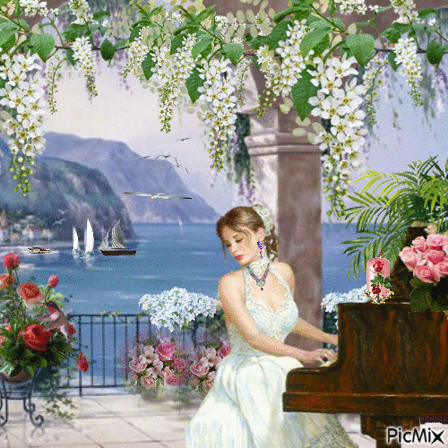 Анимированная открытка Девушка за пианино