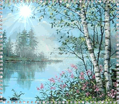 Анимированная открытка Озеро белая береза