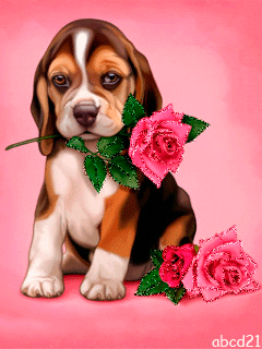 Анимированная открытка Щенок с розой собака с цветами в зубах