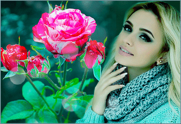 Анимированная открытка Девушка и розы Формат GIF