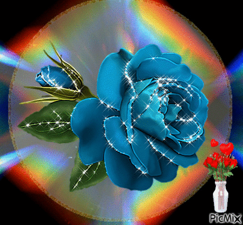 Анимированная открытка На фоне переливающегося диска синяя роза с бутоном и зелеными