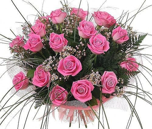 Открытка Очень красивый букет из розовых роз с цветами из белых соцветий