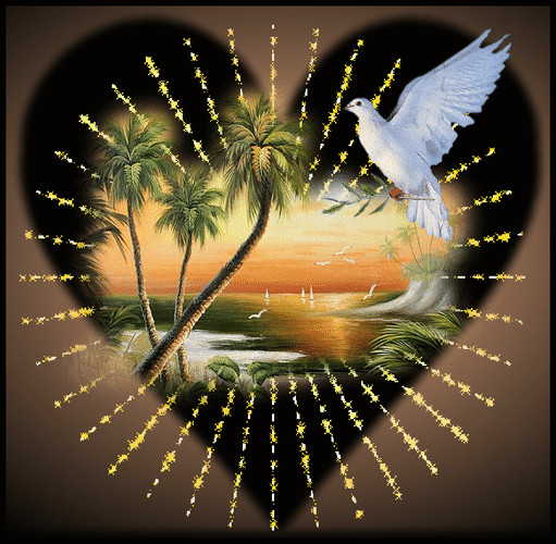 Анимированная открытка Сердце пальмы голубь