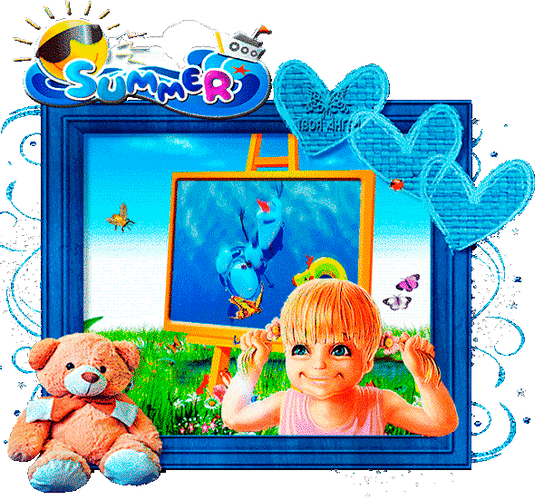 Анимированная открытка Ребенок, игрушка медведь, картина со снеговиком
