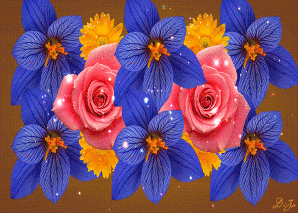 Анимированная открытка ноготки, розы и ещё синие цветы вращаются