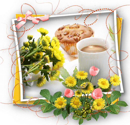 Анимированная открытка кекс, чашка кофе, цветы