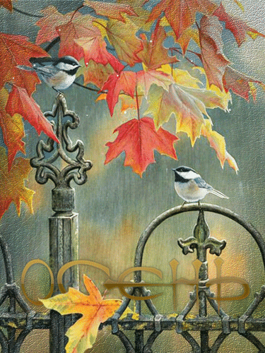 Анимированная открытка Птица на ограде, кленовые листья.